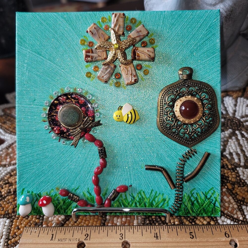 Jewelry Collage Flowers. Upcycled Bracelet, Necklace & Bead. 6x6" with easel.